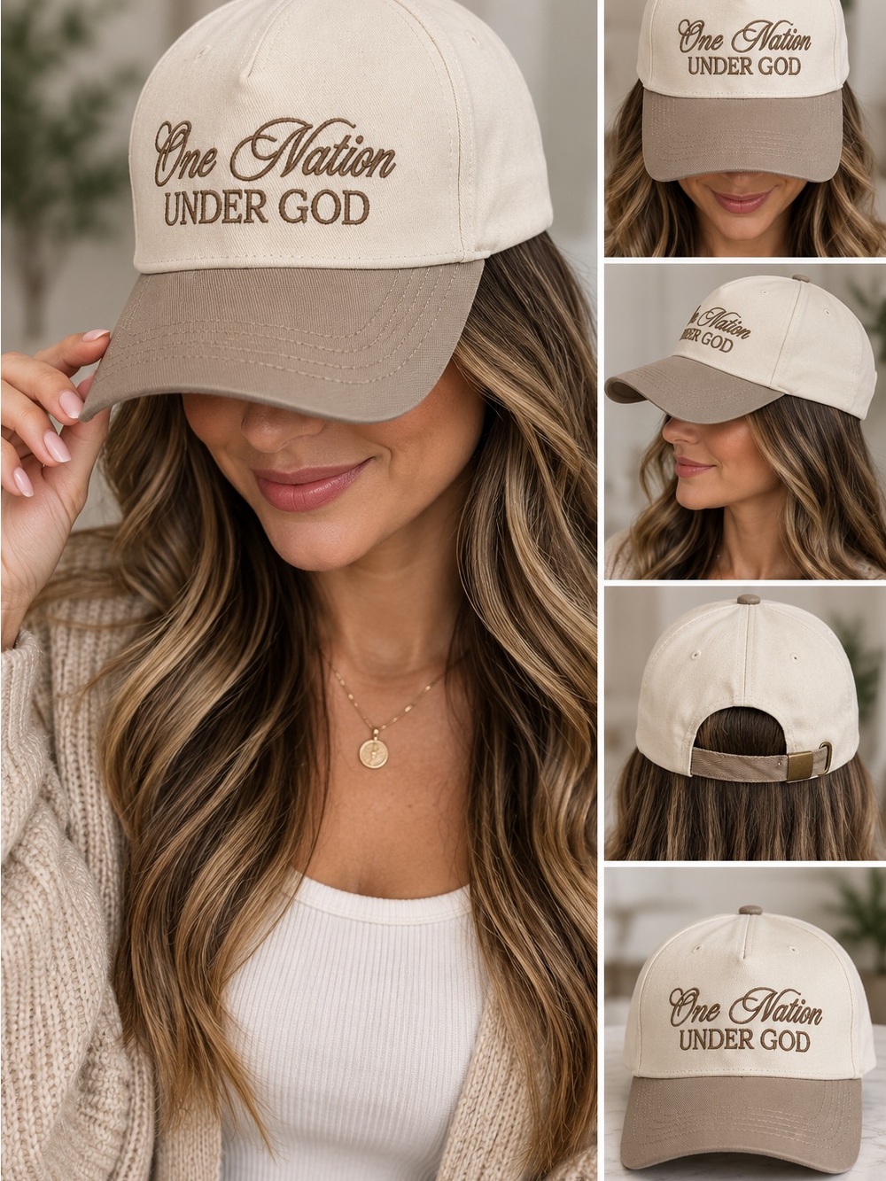 Zenana Outfitters "One Nation Under God" Embroidered Hat - Cream & Tan